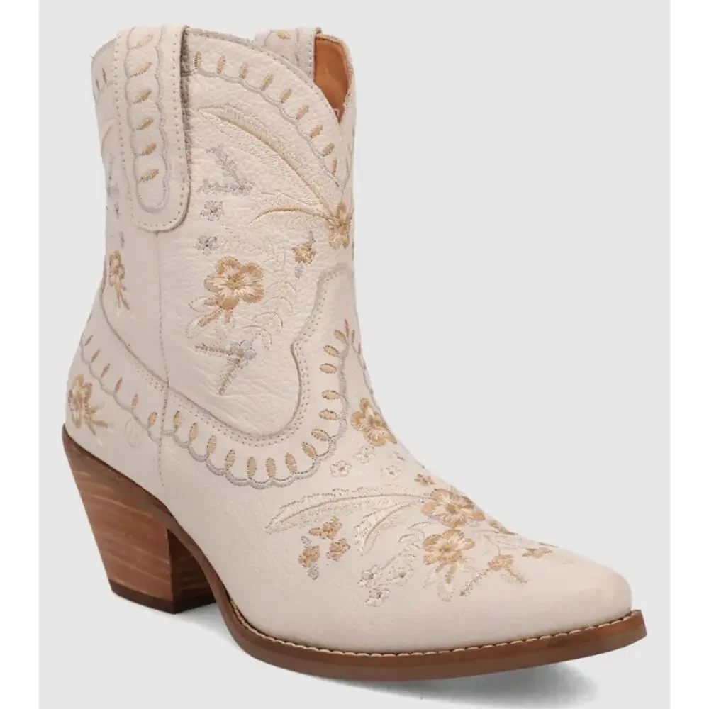 Dingo Primrose Western Bootie White Leather Floral Embroidered Womens Size 8